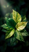 Variegated houseplant with green and yellow patterned leaves in natural lighting creates stunning botanical display for indoor gardening and home decor projects.