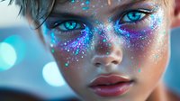 Vibrant blue glitter makeup artistry with sparkles and crystals across face in ethereal lighting with bokeh effects, showcasing creative cosmetic application.