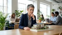 Mature male architect with gray hair and stubble, wearing navy blazer, thoughtfully examining architectural model in modern office with colleagues and plants in background.
