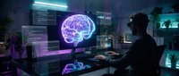Silhouetted male professional working at desk with glowing purple brain hologram and digital displays in futuristic neon-lit workspace for technology, AI, and innovation concepts.