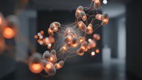 Glowing molecular structure with interconnected nodes and warm orange lights representing scientific research, chemistry, biotechnology and network connections.