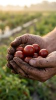 Farmer hands holding fresh red grapes in vineyard during golden hour harvest season with blurred agricultural landscape background.