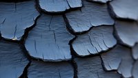 Dramatic close-up of cracked and peeling dark blue paint surface showing weathered texture and layered patterns, creating an abstract architectural detail.