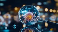 Magnifying glass examining glowing virus cell structure with protein spikes on reflective surface against blurred bokeh lights in dark background.