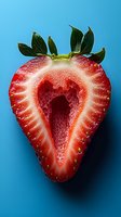 Fresh ripe strawberry cut in half showing juicy red flesh and detailed texture against vibrant blue background. Macro food photography for healthy eating concepts.