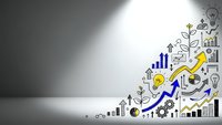 Business growth concept with hand-drawn icons showing upward arrow, charts, lightbulbs and gears on white wall background for presentations.