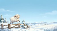 Fluffy sheep jumping over wooden fence in snowy winter landscape with evergreen trees and mountains in background.