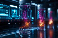 Glowing liquid in glass test tube with magical particles and vibrant purple and orange colors against dark laboratory background with bokeh lights.