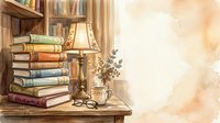 Stacked vintage books with brass lamp, dried flowers and reading glasses on wooden desk near window with warm sunlight for literary and educational content.