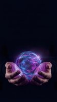 Hands holding glowing holographic sphere with purple and blue energy waves on dark background for technology and innovation concepts.