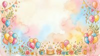 Watercolor celebration background with colorful balloons, gift boxes, and floral elements arranged on sides with pastel clouds and confetti, suitable for party invitations, greeting cards, and festive designs.
