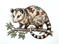 Virginia opossum perched on branch with green leaves, isolated on white background. Suitable for wildlife education, nature illustrations, children's books, and design projects.