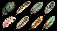 Feather collection featuring eight isolated designs including peacock, striped, ornamental, and patterned styles on transparent background. Ready for t-shirt designs, clipart, stickers, sublimation, and print-on-demand projects.