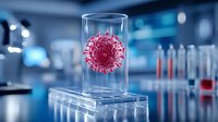 Microscopic view of red virus cell in glass tube on laboratory background with test tubes and medical equipment. Scientific research concept.