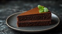 Rich chocolate layer cake slice with dark ganache frosting and fresh mint leaves garnish on gray plate against dark textured background, moody food photography.