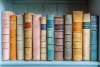 Row of vintage hardcover books in pastel colors pink, orange, turquoise and beige on wooden shelf, antique library collection with worn spines and classic bindings.