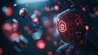 Digital security concept with glowing red lock symbol on dark face silhouette surrounded by floating particles, representing cybersecurity and data protection.