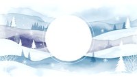 Winter landscape watercolor background with snowy mountains, pine trees and white circle frame for text or logo placement in soft blue tones.