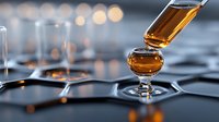 Amber liquid pouring into small glass on reflective hexagonal surface with soft bokeh lights in background, creating elegant mood for beverage photography.