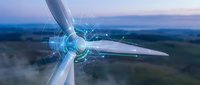 Wind turbine with digital holographic overlay showing energy data and technology integration for renewable power generation and sustainable electricity production.