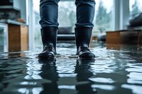 Person wearing black rubber boots standing in flood water inside home, with wooden furniture visible in background. Water damage concept for insurance and disaster.
