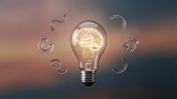 Glowing light bulb surrounded by question marks and puzzle piece on sunset background, representing innovation, problem solving, and creative thinking concepts.