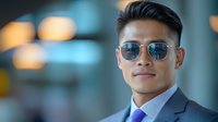 Young Asian businessman in sunglasses and suit standing confidently in modern office environment with blurred city lights background for corporate content.