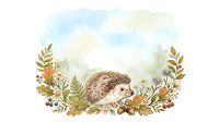 Hedgehog surrounded by autumn leaves, wildflowers, and foliage in watercolor style on isolated white background, suitable for nursery decor, children's illustrations, and design projects.