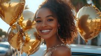 Young African American woman with natural curly hair smiling brightly at celebration event, wearing elegant dress surrounded by golden balloons, expressing joy and happiness.