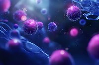 Microscopic view of glowing purple virus cells floating in dark blue fluid with luminescent particles and flowing streams for medical research background.