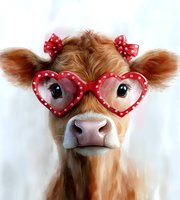 Young brown cow wearing red heart-shaped polka dot glasses and matching hair bows against light background, whimsical farm animal portrait with playful accessories.
