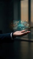 Businessman hand holding digital hologram displaying service excellence, quality assurance, client satisfaction icons with glowing network connections and charts for business solutions.