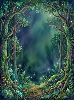 Enchanted forest gateway with glowing lights, twisted trees, and lush foliage framing a mystical woodland path for fantasy and nature-inspired designs.