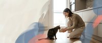 Young woman in beige sweater kneeling on kitchen floor petting tabby cat in sunlit modern home interior with warm natural lighting and minimalist design.