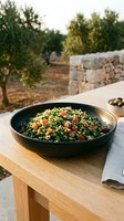 Tabbouleh salad with fresh parsley, tomatoes, and bulgur in black bowl on wooden table overlooking olive grove, Mediterranean cuisine for food styling and culinary content.