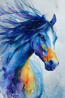 Vibrant watercolor horse portrait with flowing blue mane and orange accents, capturing motion and spirit in artistic brushstrokes.