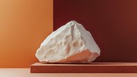 White rough textured mineral rock specimen on brown platform against orange gradient background, minimalist geological composition for science and design projects.