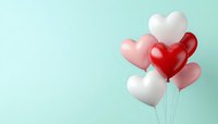 Heart-shaped balloons in red, pink and white colors floating against mint green background with copy space for romantic message or celebration design.