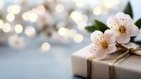 Delicate pink cherry blossoms rest on wrapped gift box with golden ribbon against soft bokeh background, creating romantic and elegant festive atmosphere.