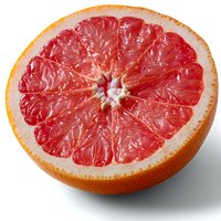 Fresh juicy pink grapefruit half showing detailed pulp segments and natural texture on white background, macro food photography for healthy eating concepts.