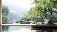 Tranquil Japanese bonsai tree on wooden deck overlooking misty mountain landscape near outdoor onsen bath, creating zen atmosphere for spa and wellness design.