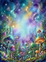 Enchanted forest floor with glowing mushrooms, magical plants, and luminous galaxy sky with stars and nebula clouds above.