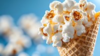 Fresh popcorn overflowing from waffle cone against blue background, snack food concept for movie night entertainment and cinema treats.