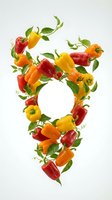 Colorful bell peppers and green leaves arranged in heart shape on white background, isolated for healthy eating and cooking designs.