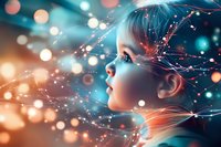 Young woman in profile view surrounded by glowing magical lights and ethereal network connections against turquoise and orange bokeh background.