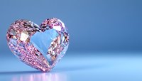 Pink crystal heart on blue background with soft lighting and reflections, romantic symbol for love, valentines, wedding design and luxury jewelry concept.