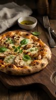 Freshly baked pizza with melted cheese and basil garnish served on wooden board with olive oil and fork for restaurant, food blog, or culinary website use.