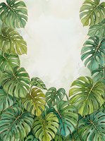 Monstera leaves frame a neutral background in watercolor style, creating an isolated botanical border design suitable for invitations, posters, social media graphics, and print projects.
