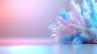 Frosted winter pine branches with neon blue and pink lighting effects create dreamy atmosphere on reflective surface against blurred gradient background.