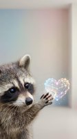 Cute raccoon holding glowing geometric heart with digital effects and soft pastel background for romantic technology concepts.